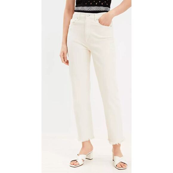 EUC LOFT 26/2 HIGH WAIST RELAXED STRAIGHT Frayed Hem Cream Casual Denim - Picture 2 of 11